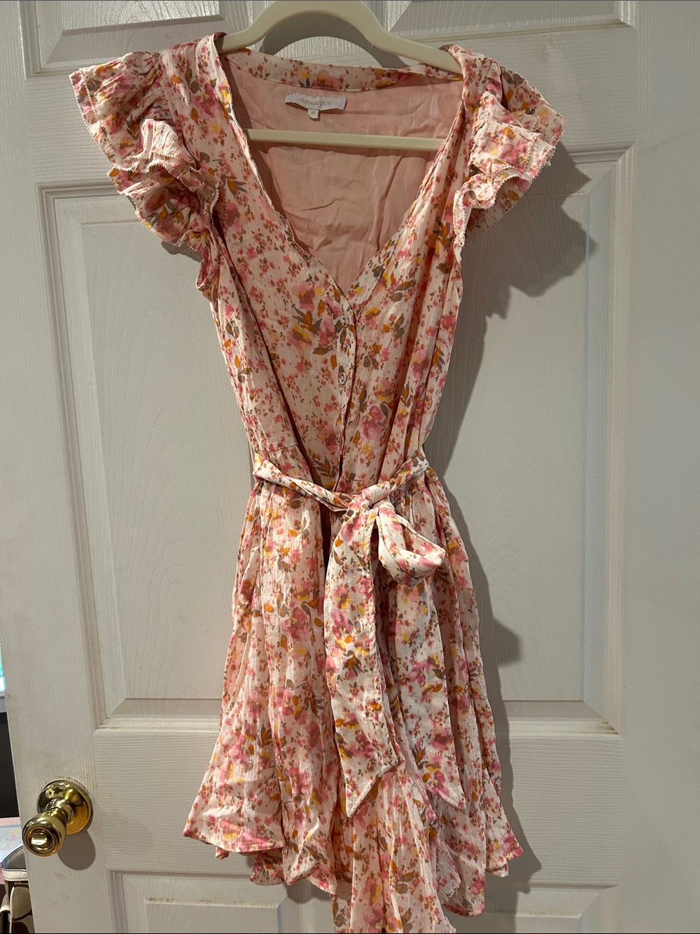Olivaceous Pink Floral Ruffle Sleeve Belted Dress M